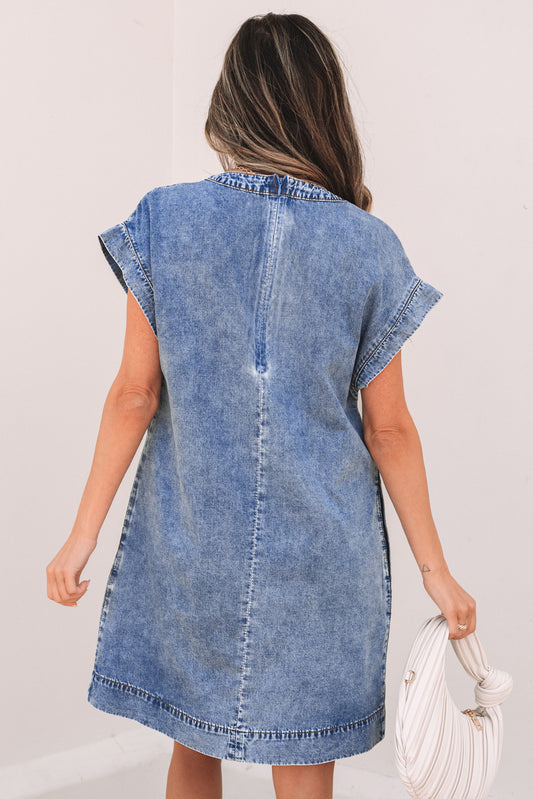 Denim Shift Dress with Tie V Neck Tucking Detail Short Sleeve