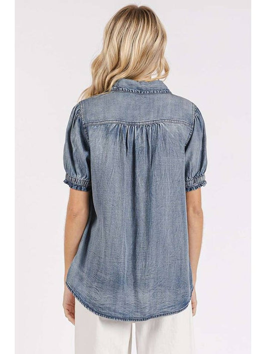 Washed Chambray Puff Sleeve Button-Up Shirt – Indigo | mittoshop