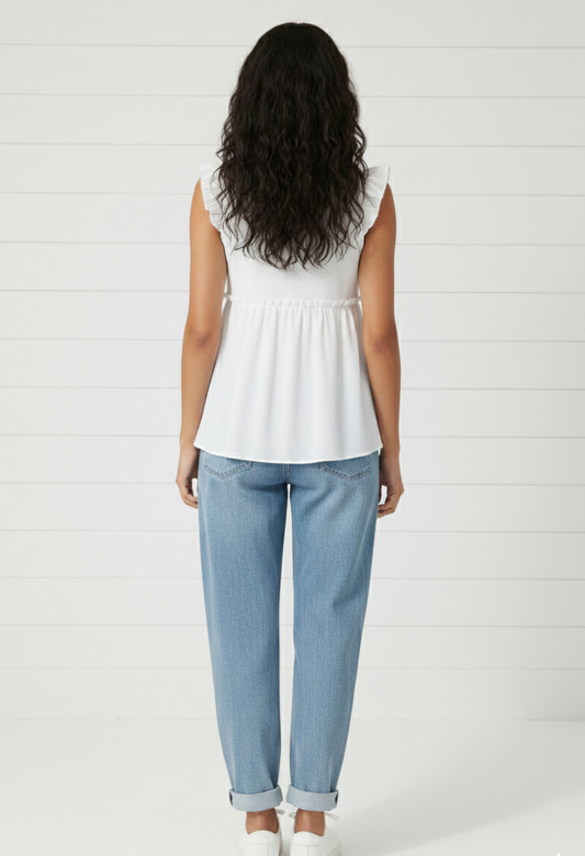 White Textured Ruffled Trim V-Neck Flutter Flowy Top