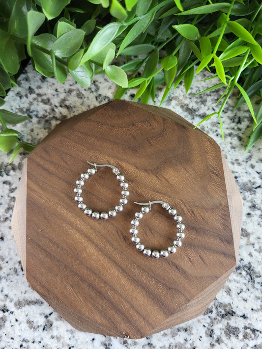 Silver Circle Ball Hoop Earrings | Waterproof Stainless Steel Hoops