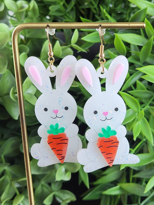 Easter Bunny Holding a Carrot Dangle Earrings | Glitter Acrylic Bunny Jewelry