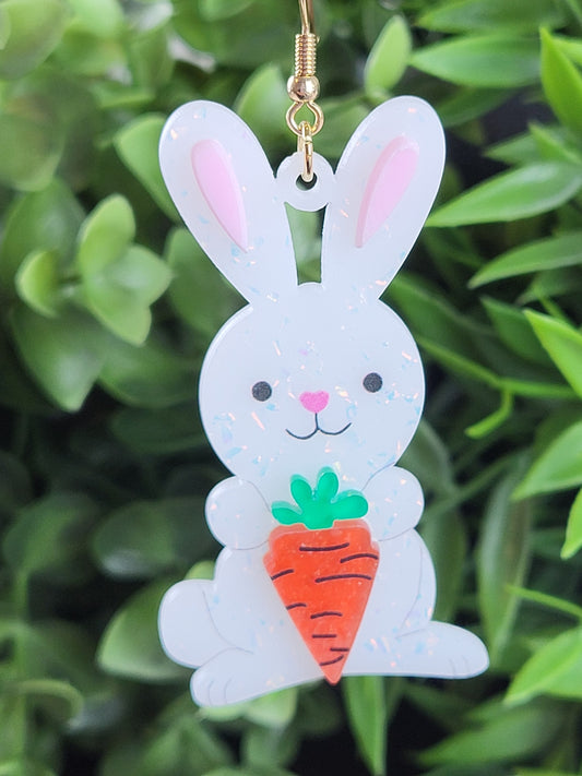 Easter Bunny Holding a Carrot Dangle Earrings – Glitter Acrylic Bunny Drops
