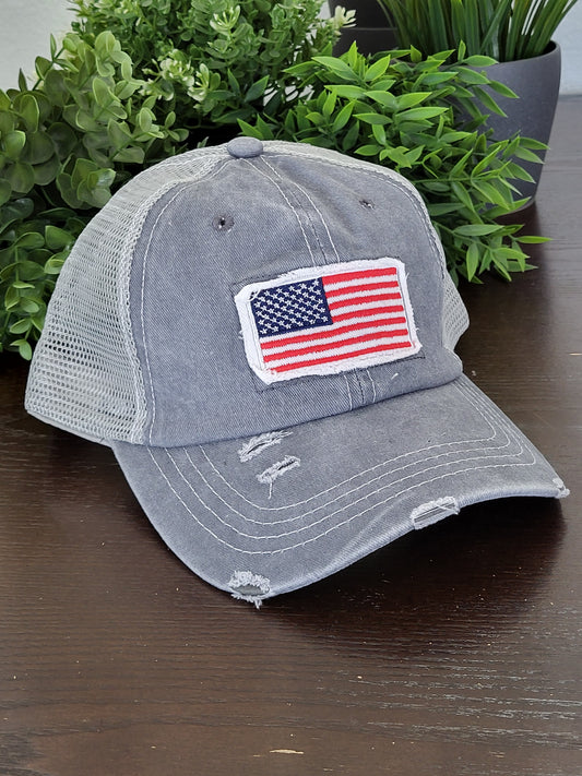 Patriotic USA Flag Ponytail Baseball Hat – Distressed Gray