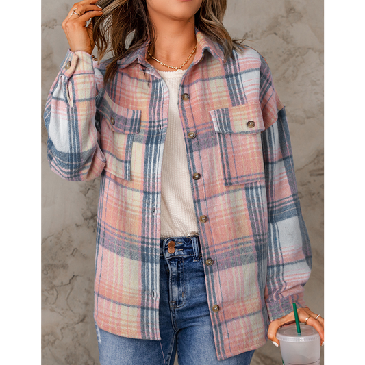 Pink Plaid Flap Pockets Shacket