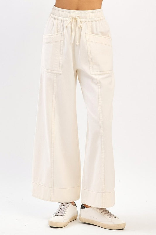 Mineral Wash Wide Leg Twill Pants | Elastic Waist Cotton Pants by Mittoshop