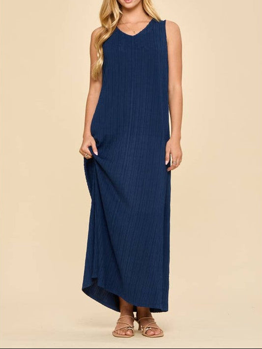 Textured V-Neck Maxi Dress | Navy Sleeveless Maxi by Andrée by Unit