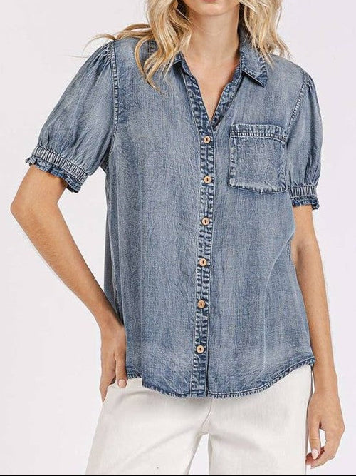 Washed Chambray Puff Sleeve Button-Up Shirt | Mittoshop Indigo Blouse
