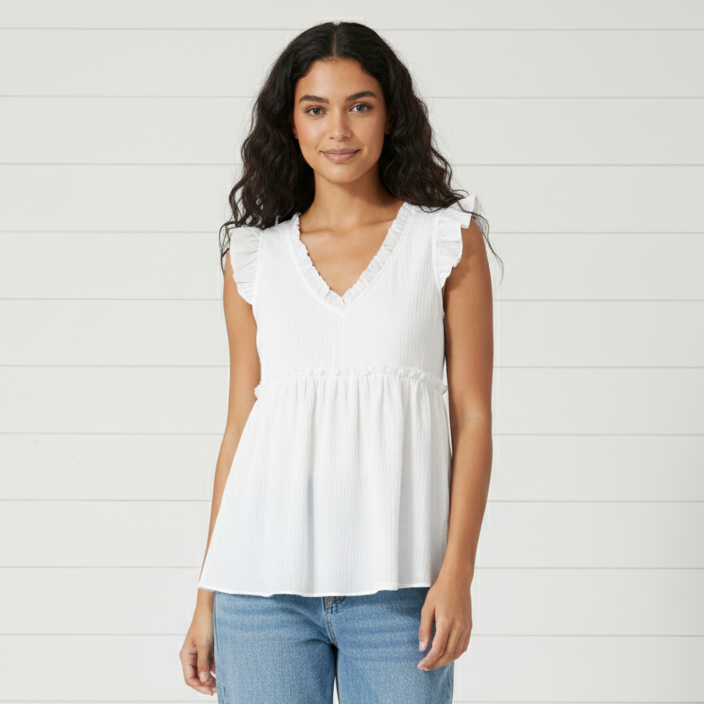 White Ruffled V-Neck Flutter Top | Feminine Flowy Spring Blouse