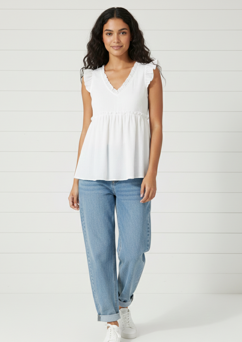 White Ruffled V-Neck Flutter Top | Feminine Flowy Spring Blouse