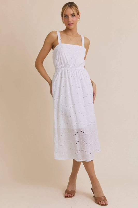 Square Neck Strap Eyelet Midi Dress – White | Gilli
